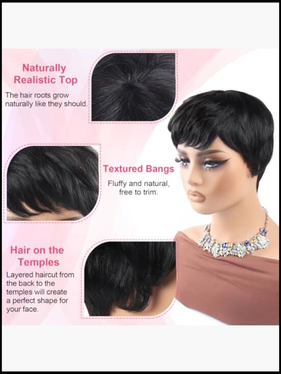 Short Pixie Wig Human Hair Glueless Straight Full Machine Made 180 Density Short Pixie Cut Straight Human Hair Wig with Bangs 180  main image 4